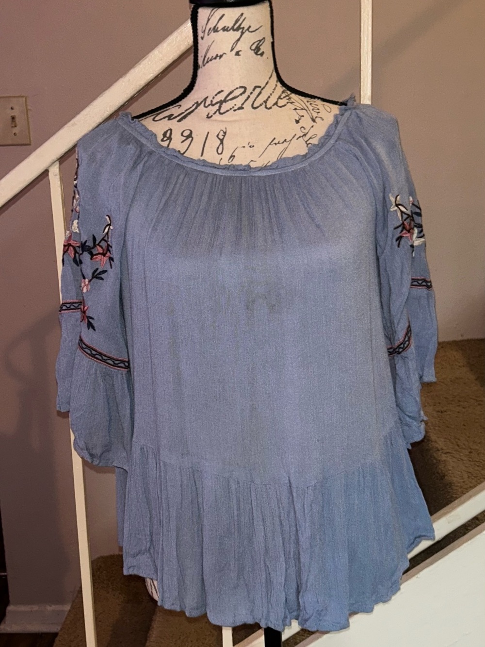 Altar'd State Dusty Blue Embroidered Boho Peasant Blouse - Size S/M